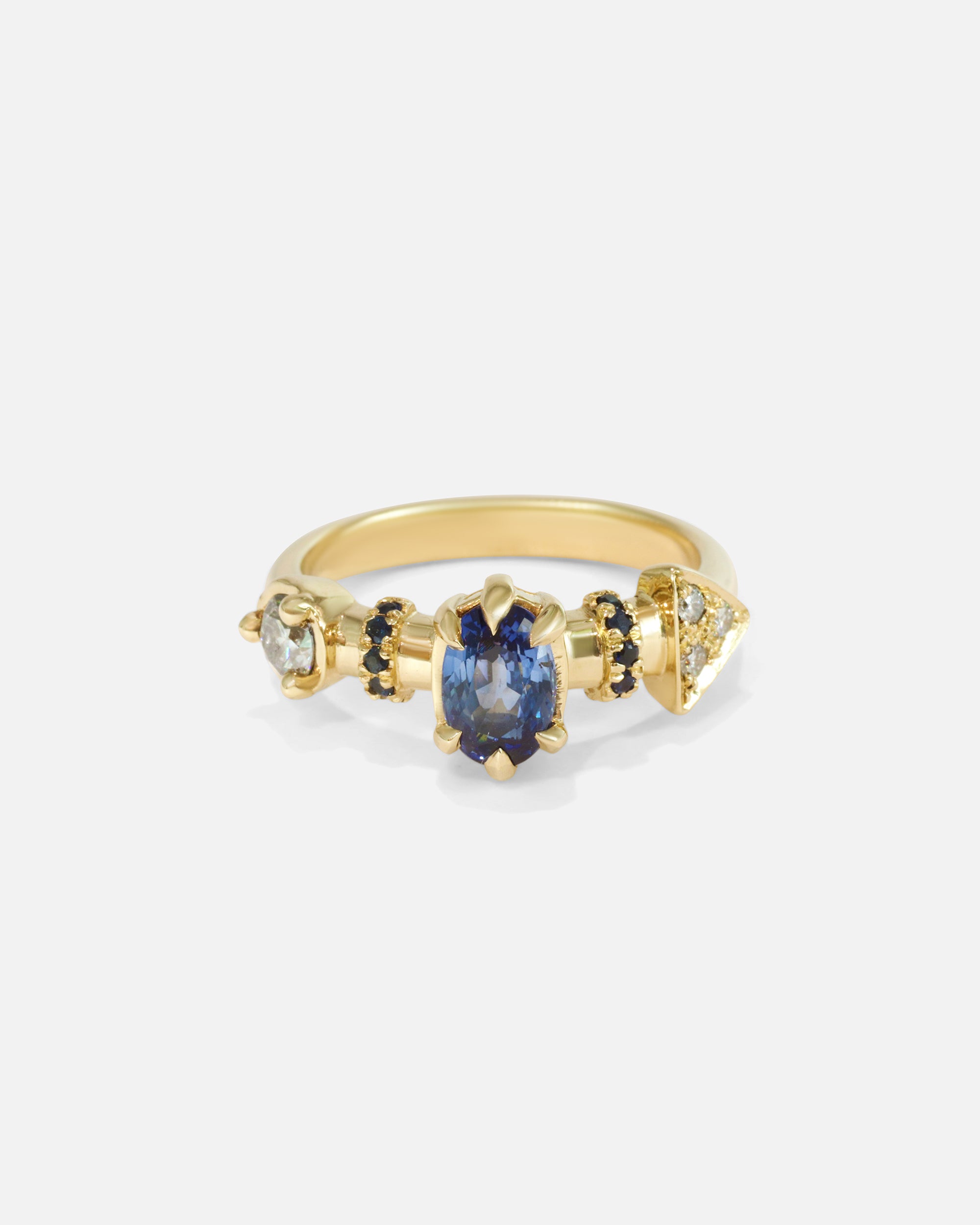 Front view of Supernova Blue Sapphire and White Diamond Ring