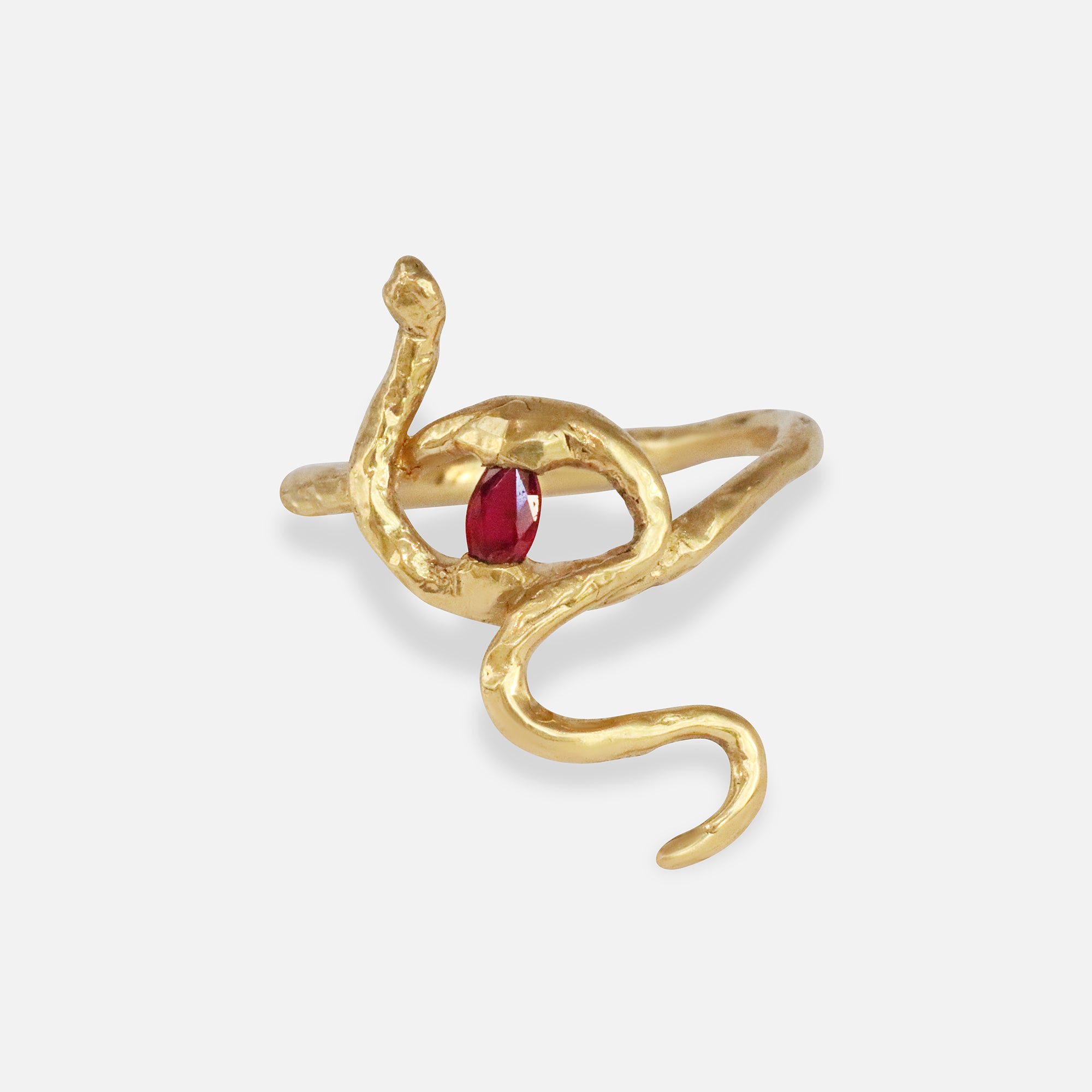 Front view of Sundrop Snake Ring / Marquise Ruby