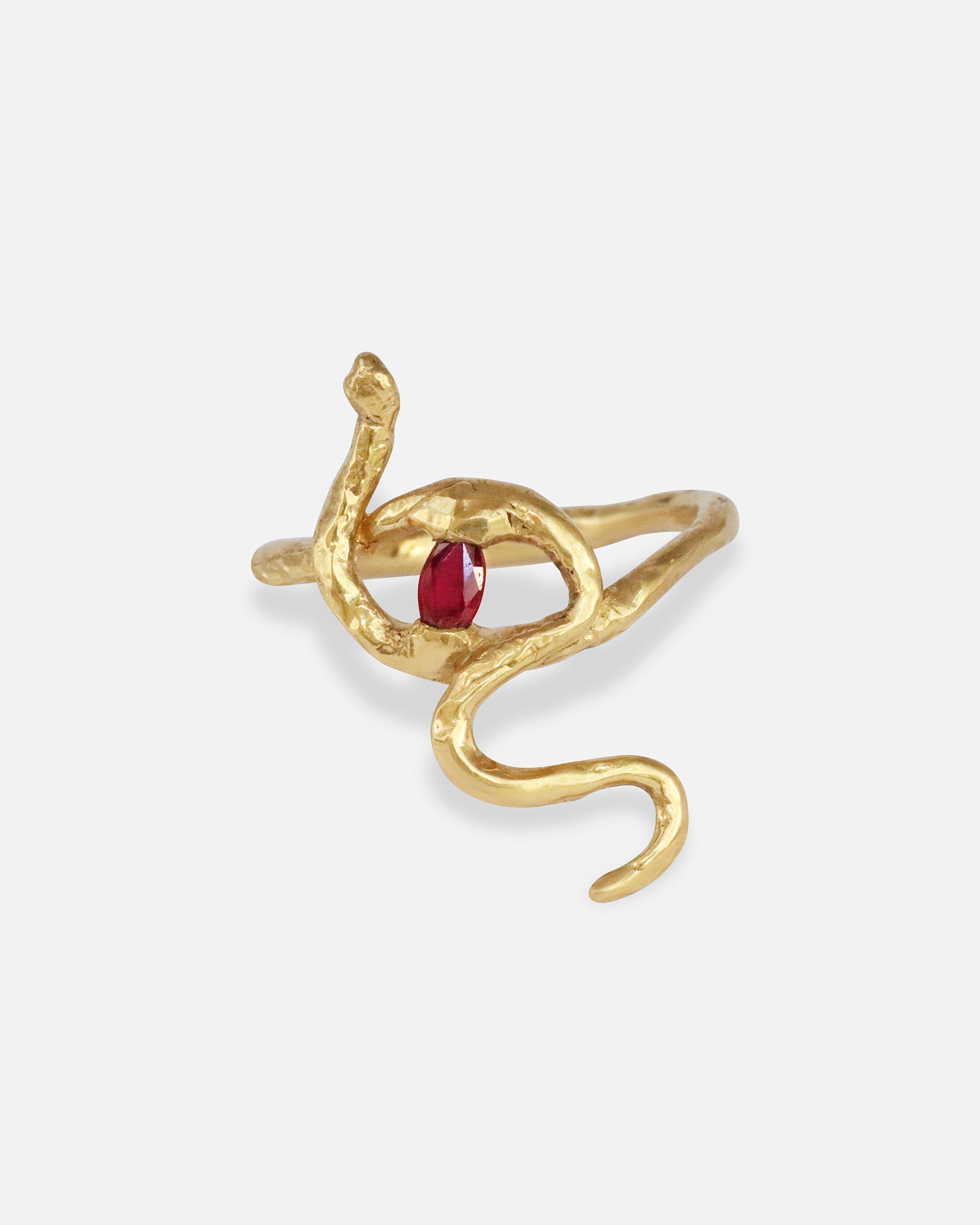 Front view of Sundrop Snake Ring / Marquise Ruby