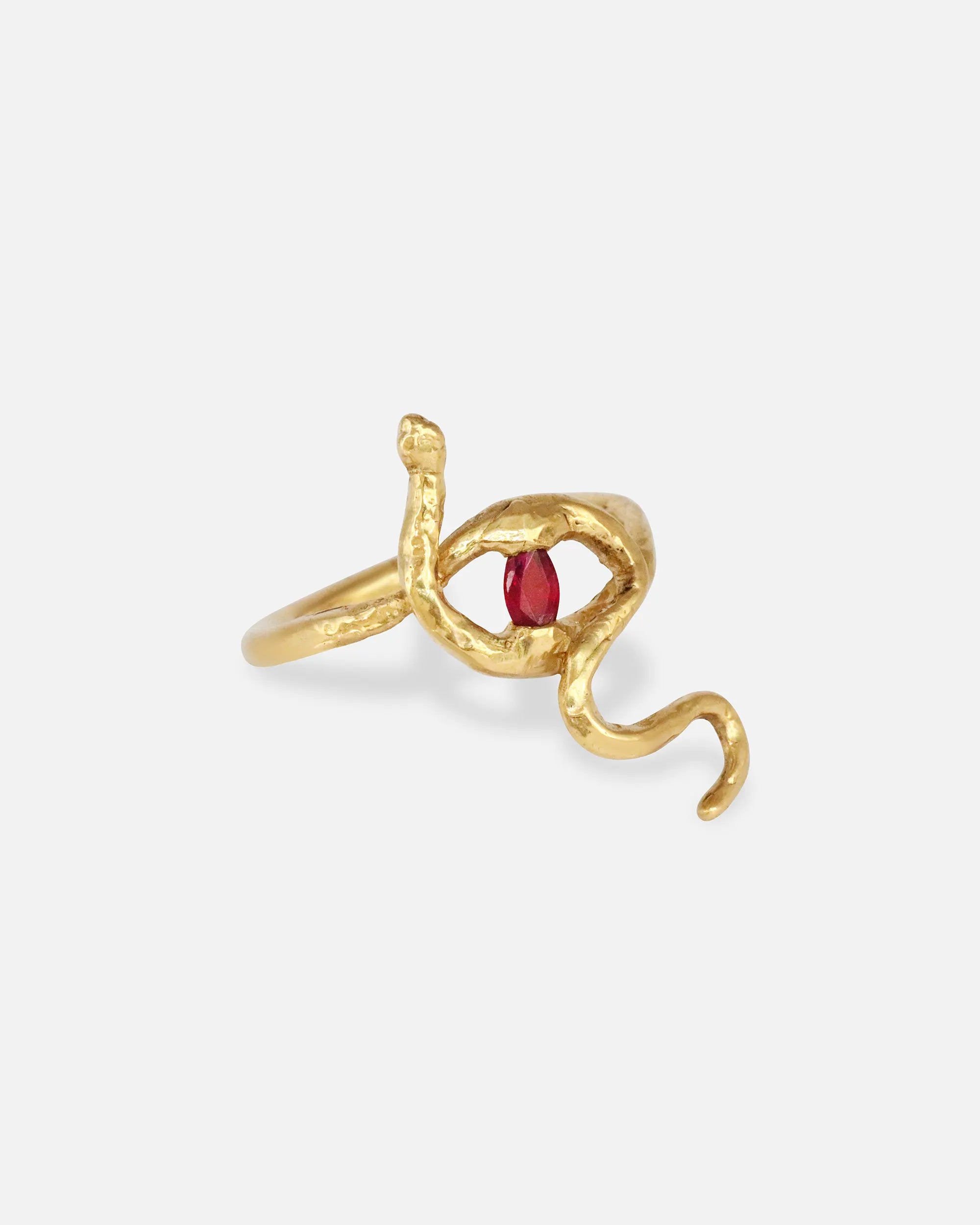 Side view of Sundrop Snake Ring / Marquise Ruby