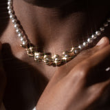 Model wears X Pearl Necklace / 6mm in 14k yellow gold By Lucia B Marti