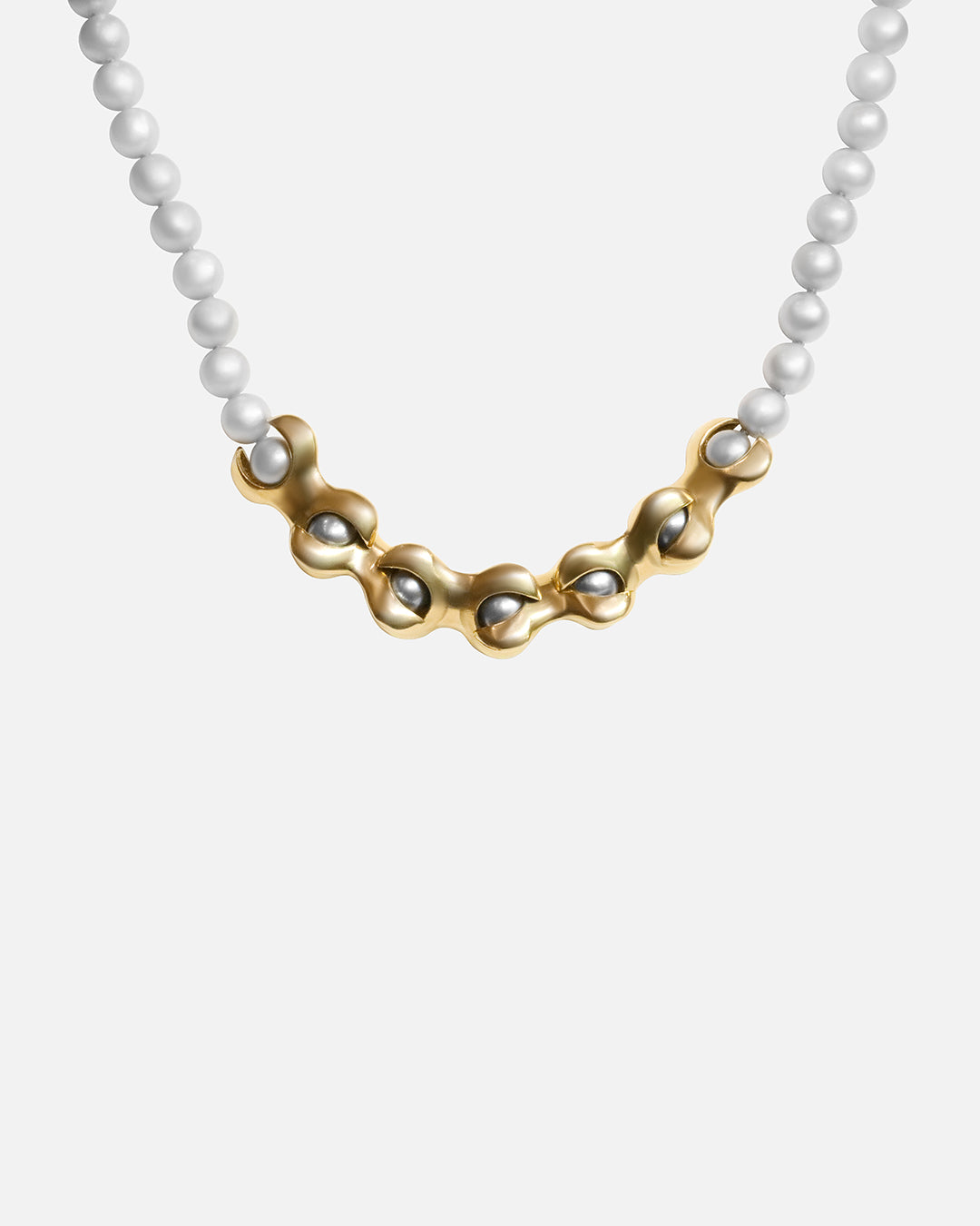 Front view of X Pearl Necklace / 6mm in 14k yellow gold by Lucia B Marti