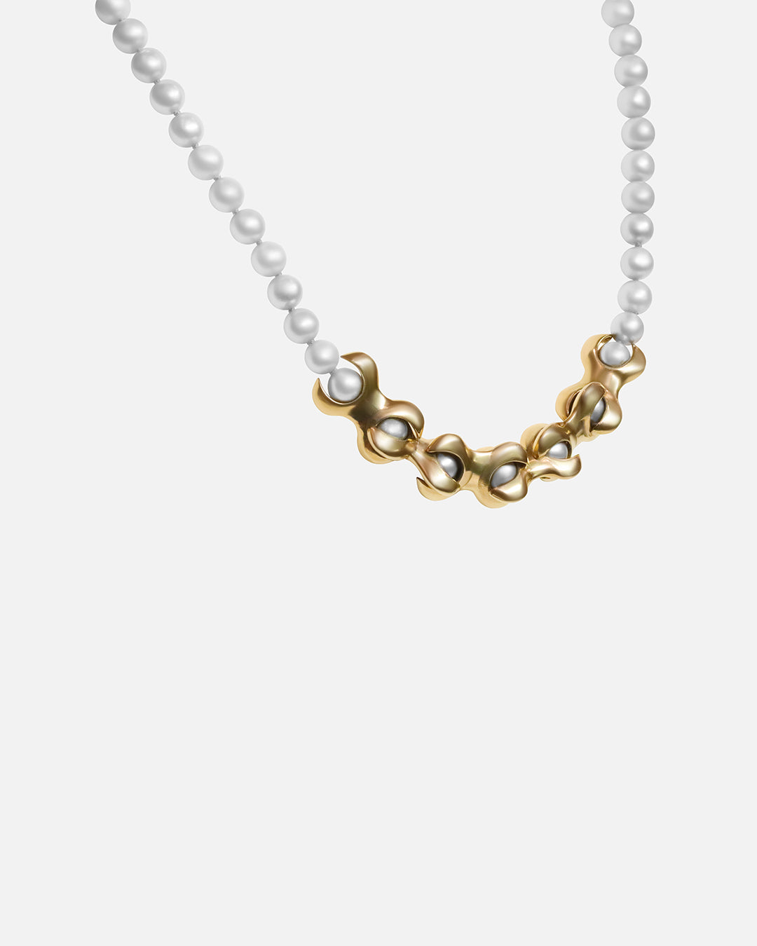 Side view of X Pearl Necklace / 6mm in 14k yellow gold by Lucia B Marti