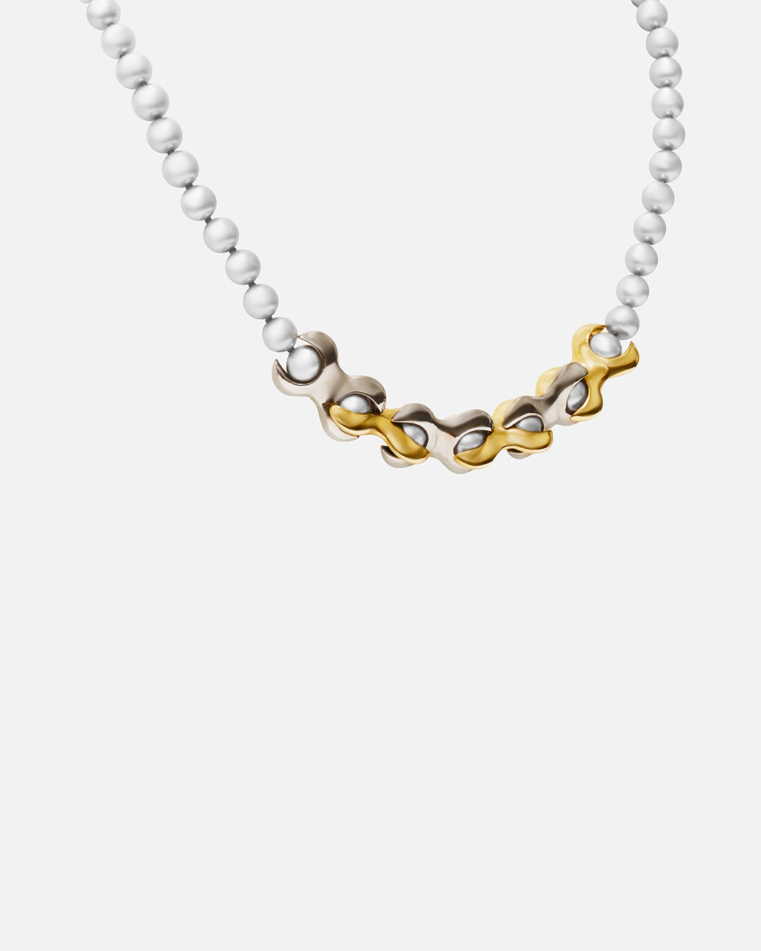 Side view of X Pearl Necklace / 6mm in 14k yellow gold and 14k white gold by Lucia B Marti