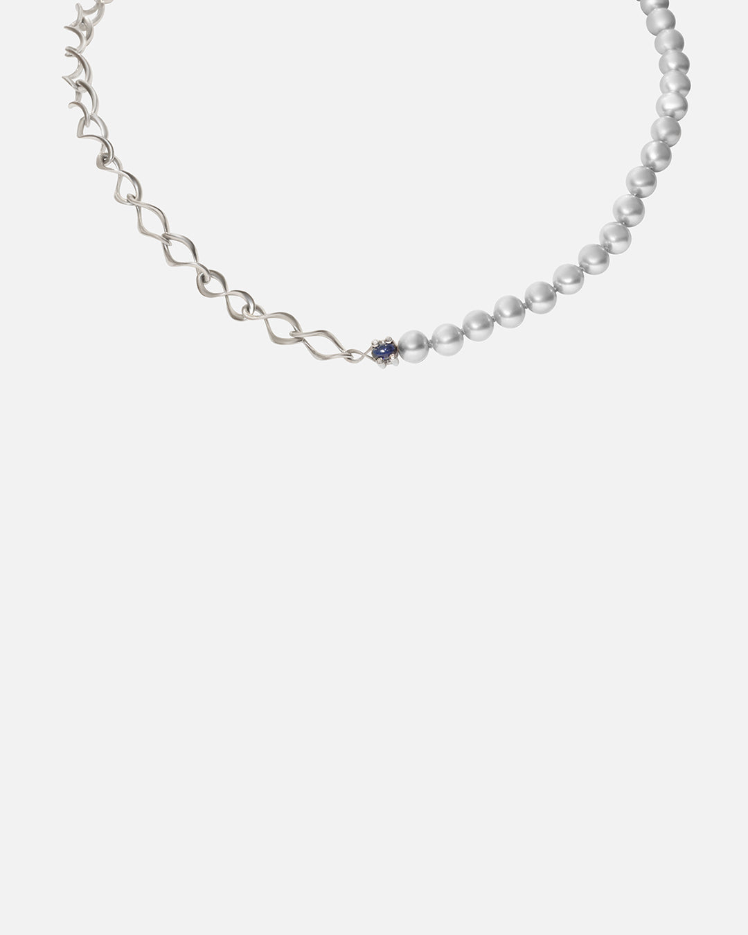 Front view of X Nucleus Chain Pearl Necklace / Sapphires by Lucia B Marti