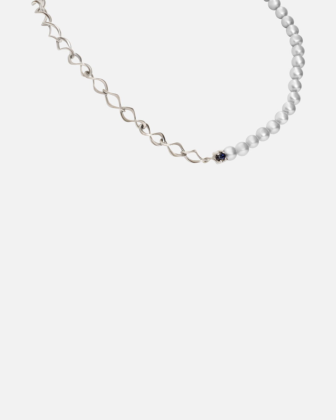 Side view of X Nucleus Chain Pearl Necklace / Sapphires by Lucia B Marti