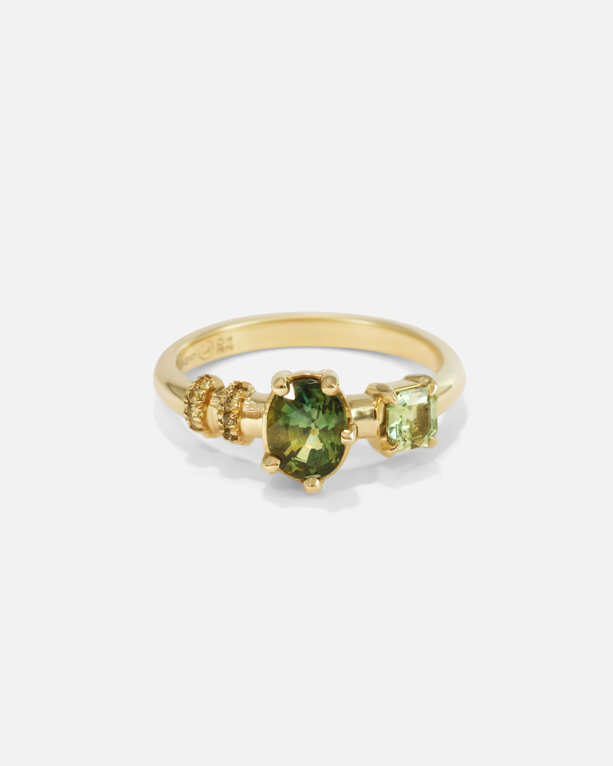 Front view of Monoceros Nebula Green Asscher Sapphire Ring