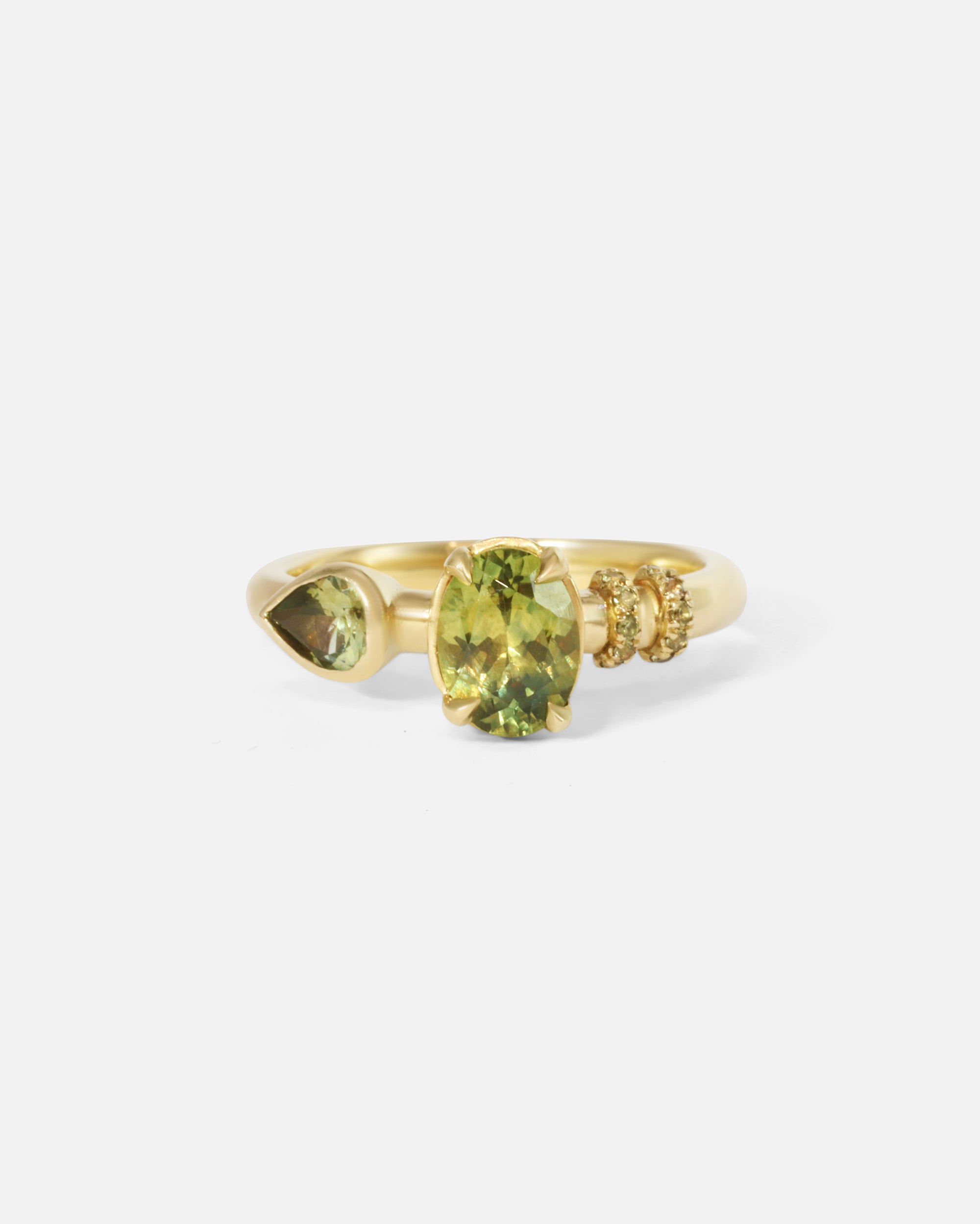 Front view of Monoceros Nebula Green Pear Sapphire Ring